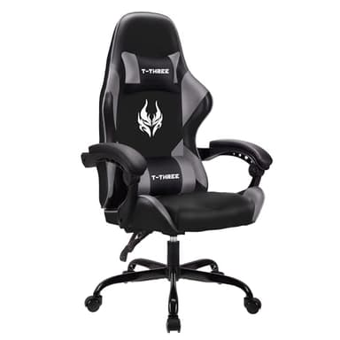 T-THREE.Ergonomic high-back gaming, computer, office, study, swivel, and racing-style chair with adjustable lumbar and headrest support, 150kg weight capacity, ideal for home office(Gray)