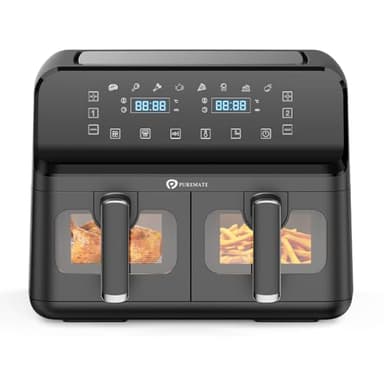 PureMate 9L Dual Air Fryer with Digital Display, Healthy Oil Free 2500W Air Fryer with 8 Preset, LED One Touch Screen, Timer & Adjustable Temperature Control (9L(4.5L+4.5L) Dual Basket)