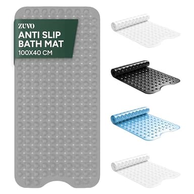 Zuvo -Extra Long Bath Mat (100 X 40 cm, Grey) - Shower Mat Non Slip Anti Mould, Machine Washable Rubber Shower Mat with Powerful Suction Cups for Kids and Elderly