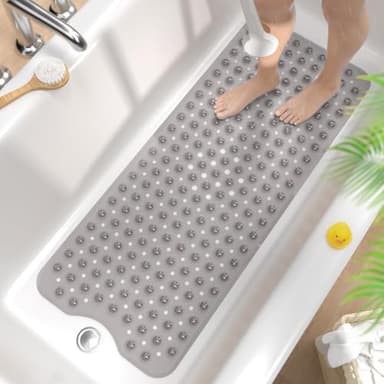 HITSLAM Non Slip Bath Mat for Tub, 101 x 40cm Extra Long Shower Mat Anti Mould, Machine Washable Bathroom Bathtub Mat with Suction Cups and Drain Holes, Soft on Feet, Clear Grey