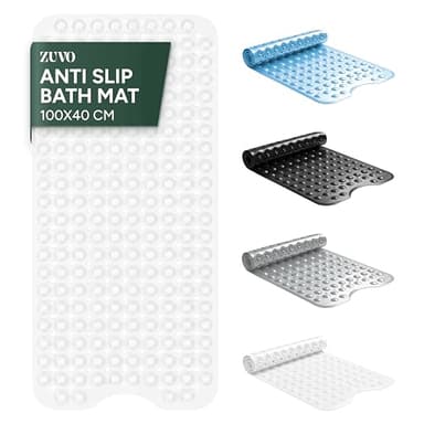Zuvo -Extra Long Bath Mat (100 X 40cm, Solid White) - Shower Mat Non Slip Anti Mould, Machine Washable Rubber Shower Mat with Powerful Suction Cups for Kids and Elderly