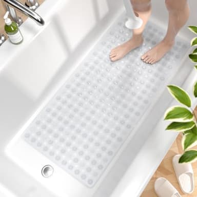 HITSLAM Bath Mat Non Slip Anti Mould, 89 x 40 cm Long Non Slip Shower Mat for Inside Shower, Machine Washable Bathroom Bathtub Mat with Strong Suction Cups and Drain Holes, Soft on Feet, Clear
