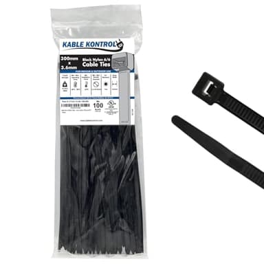 Kable Kontrol Black Cable Ties, 300 mm x 3.6 mm, Pack of 100, 12" Premium Nylon Zip Ties, Multi-Purpose Plastic Tie Wraps, Secure Self-Locking Mechanism, for Home, Garden, Office and DIY