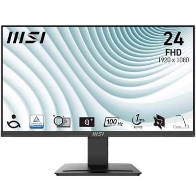 MSI PRO MP2412 23.8 Inch Monitor, Full HD (1920 x 1080), 100Hz, VA, 4ms, FreeSync, HDMI, VGA, Anti-Glare, Anti-Flicker, Less Blue light, TÜV Certified, VESA, Kensington, Black