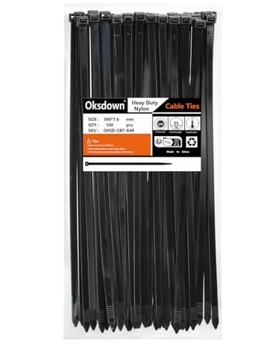 Oksdown 100 Pack Black Thick Cable Ties Heavy Duty Large 300mm×7.6mm Strong Nylon Plastic Self Locking 12 inch/30 cm Extra Long Zip Tie Wraps