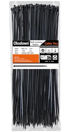 Oksdown 100 Pack Black Plastic Cable Ties 300mm×3.6mm Heavy Duty Strong Nylon Premium Self Locking 12 inch/30 cm Long Zip Tie Wraps