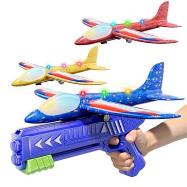 Doloowee 3 Pack Airplane Launcher Toys, 12.6 Inch LED Foam Glider Airplane Catapult, 2 Flight Modes, Outdoor Sports Flying Toys 4 5 6 7 8 9 10 11 12 Years Old Boys Girls Birthday Gifts (Blue)