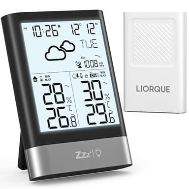 LIORQUE Weather Stations with Outdoor Sensor Wireless Indoor Outdoor Thermometer Hygrometer, Radio Controlled Clock,Temperature and Humidity Monitor with Weather Forecast, Barometric Pressure, Date