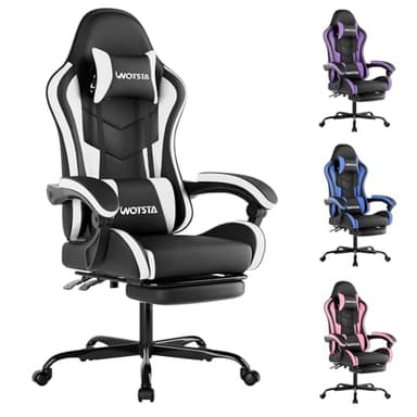 WOTSTA Gaming Chair with Footrest, Ergonomic Gaming Chair, Computer Chair with Lumbar Support, Head Rest, Height Adjustable PC Chairs with 360°-Swivel Seat for Office or Gaming, Black White