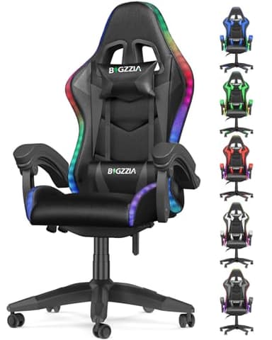 Ergonomic Gaming Chair with LED Lights, Headrest, Lumbar Support, Reclining Backrest, and Adjustable Height for Adults (With Led Light, Black)