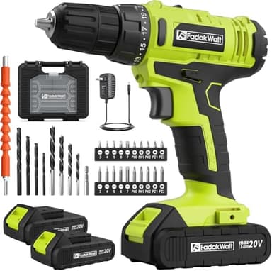 FADAKWALT 20V Cordless Drill, 2 Batteries Electric Screwdriver with case, 21+1 Torque, 2 Speed,30Nm Power Drill Driver, 3/8" Keyless Chuck, with LED Light, Drill Driver Kit for Home（Green）