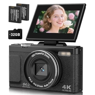 EJXHKNF Digital Camera, 4K 64MP Autofocus Compact Photo Camera, 3 Inch 180° Flip Screen, 16X Digital Zoom Vlogging Photography Cameras for Teens Beginners with 2 Batteries, 32G Card(Black)