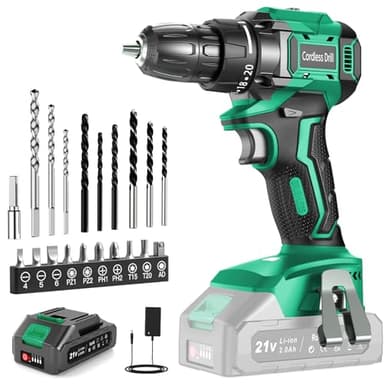 Cordless Drill Brushless, FEBOGER Electric Drills Set 21V with 2000mAh Battery, Power Drill 45N.m Max, 20+1 Torque, 2 Speed, LED Light, 20pcs Drills Set for Home, Garden DIY, Green