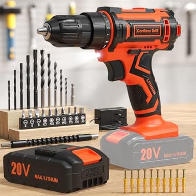 VIWKO Cordless Drill, 20V Electric Combi Drill Set with 2.0Ah Rechargeable Battery, Power Drills 370 in-lb 25+1 Torque 42 Pcs Accessories, for DIY, Home Improvement, Furniture Assembly and Gift