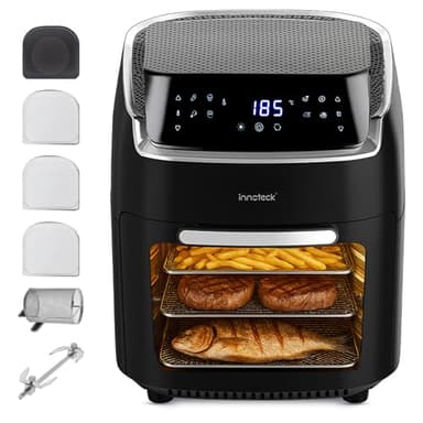 Innoteck 12L Digital Air Fryer Oven with Rotisserie 1800W Large Air Fryer with Touch Panel & 8 Cooking Presets, Shelves, Basket, Racks & Drip Tray Black & Silver Finish