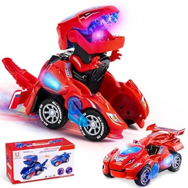 Yellcetoy Dinosaur Transforming Car, Dino Toys with Flashing Lights & Sound for Boys Girls Age 3-7 Automatic Electric Transform Cars Toy Birthday Xmas Gifts for Kids 3 4 5 6 7 Years Red