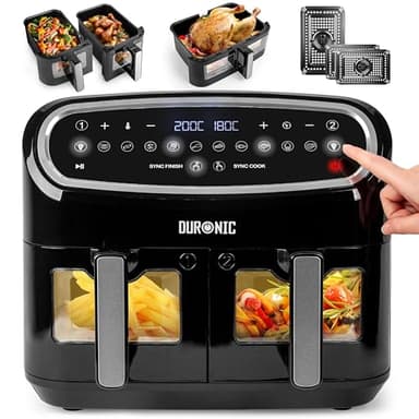 Duronic XXL Air Fryer AF34 BK 10L Digital Family Size Air Fryers Oil Free Triple Drawers 10in1 Dual Zone Extra Large AirFryer for Family Cooking with Dishwasher Safe Non-Stick Baskets Black