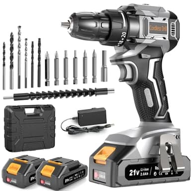 DYJPOW Brushless Cordless Drill Driver 21V, 2 Batteries 2000mAh, 20+1 Torque, 45N.m Max, 14PCS Drill Bits, 2 Speed, LED Light for Home, Garden DIY, Grey