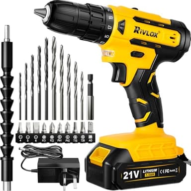 Rivlox Cordless Drill Set 21V, 21+1 Torque Combi Drill with 1.5 AH Battery, 2A Charger, 10mm Heave Duty DrillChuck, 2 Variable Speed, LED Work Light, 20Pcs Drill Bits, Home and Garden DIY Project Kit