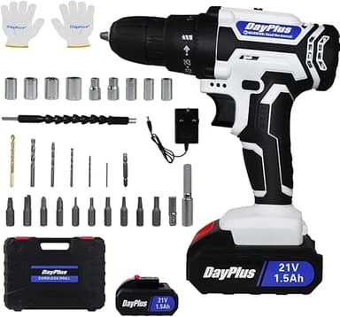 Cordless Power Drill Set Electric Screwdriver Drill Set with 2-Variable Speed, 25+1 Torque with Led Light,21V Li-ion Battery&Fast Charger,3/8" Keyless Chuck Driver Tool with 26PCS Drill Bits,1 Kitbox